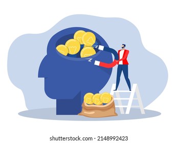 businessman  holding magnet attracting or stealing idea light bulbs from head. Idea concept