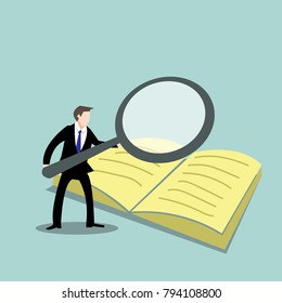 Businessman holding magnifier for reading book-vector cartoon