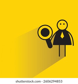 businessman holding magnifier stick figure icon with shadow yellow background