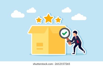 Businessman holding a magnify glass with a check mark to examine an open box containing three stars, illustration of verifying and validating logistics service satisfaction level