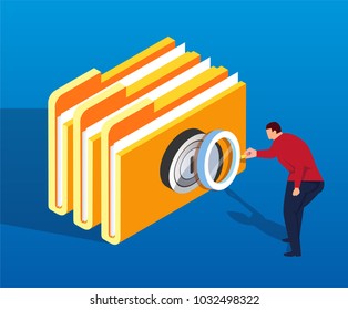 Businessman holding magnifying glass analyzing folder password