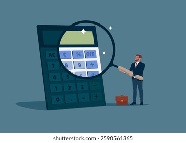 Businessman holding a magnifying glass analyzing calculator. Concept of financial management, optimization, duty, financial accounting. Aspiration to win and success in business, overcome fea