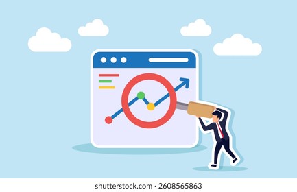 Businessman holding a magnifying glass analyzing a line chart on an app interface, illustration of business evaluation and analisa related to improving performance