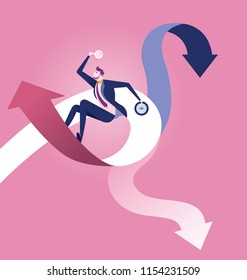 Businessman holding Magnifying glass and compass surfing the rising arrow. Business concept vector illustration.