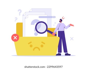 Businessman holding magnifying glass with empty file folder, No data and Data search not found concept