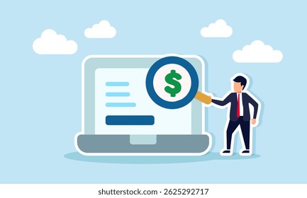 Businessman holding magnifying glass examining dollar sign on laptop screen illustration depicting digital financial monitoring and analysis