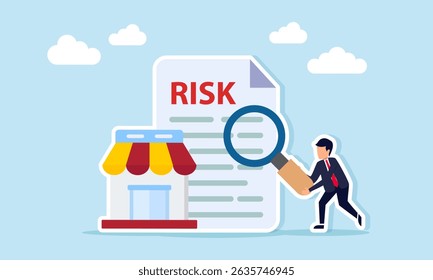 Businessman holding a magnifying glass examining a document labeled risk next to a store illustration of risk analysis in marketplace business management operations