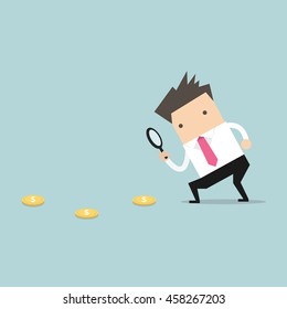 Businessman holding a magnifying glass follow dollar coins. vector