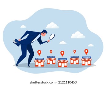 Businessman Holding Magnifying Glass For Investment With Small Business Or Franchise Branch Expansion Strategy Of Financial Marketing Planning Vector Illustrator 