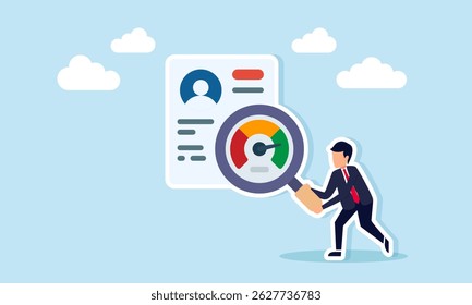 Businessman holding magnifying glass with level indicator to examine document with profile data illustration of monitoring and research of employee candidate skill level
