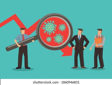 Businessman holding a magnifying glass looking carefully at stock chart on a down trending market during the epidemic. Global pneumonia virus on financial market. Vector illustration