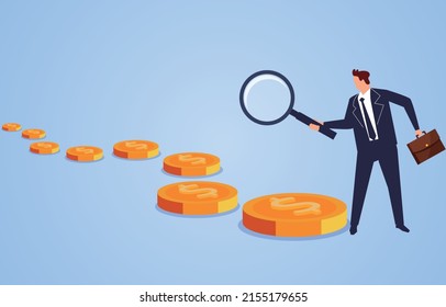 Businessman Holding A Magnifying Glass Looking For The Trail Of Money Gold Coins, Looking For Business Opportunities And Ways To Make Money