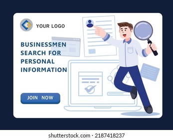 businessman holding a magnifying glass and looking through a magnifying glass, cartoon character vector illustration.
