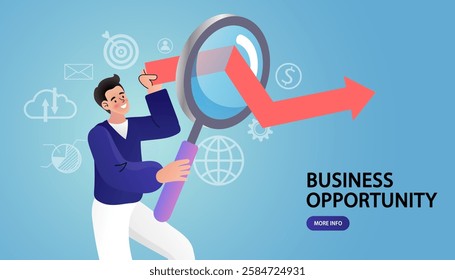 Businessman holding a magnifying glass looking at arrows Pointing In Four Directions. Exploring to find different directions. Conceptual Business. Work with statistics and marketing research. Vector