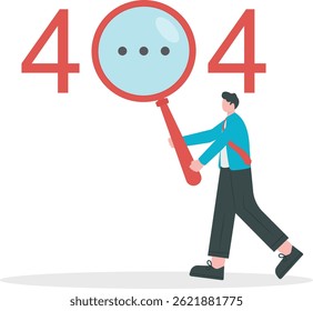 A businessman holding a magnifying glass looking past the number 404. search for information. Modern flat vector illustration.