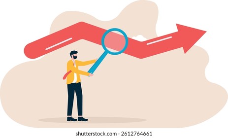 Businessman holding a magnifying glass and observing at the bottom of the arrow


