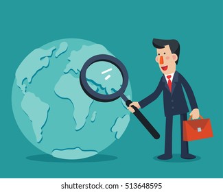 Businessman holding magnifying glass over world map. International collaboration, finding professional employees, new business start-up and business travel vector concept. Modern design illustration