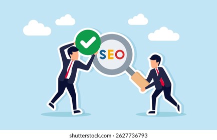 Businessman Holding Magnifying Glass with SEO Text and Another Holding Checkmark Illustration of Keyword and Title Optimization Research for Website Visibility