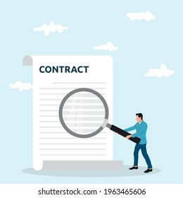 Businessman holding magnifying glass, studying terms of agreement. Signing business document. Inspection legal paper. Successful deal. Vector illustration flat design.