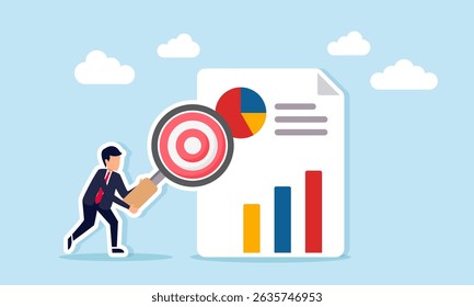 Businessman holding a magnifying glass with a target board sign examining a report with a chart illustration of business target performance analysis