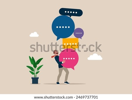 Businessman holding many people feedbacks. Discussion, conversation, meeting, team communication, colleague chatting, opinion. Flat vector illustration.