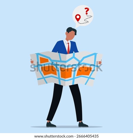 Businessman holding a map looking confused about direction. Symbolizing navigation, planning, strategy, decision making, uncertainty, and finding the right path.