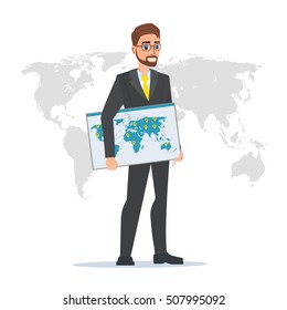 Businessman holding a map of the world. Business cartoon concept. Vector illustration isolated on white background in flat style.
