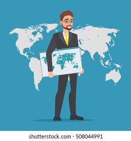 Businessman holding a map of the world. Business cartoon concept. Vector creative color illustrations flat design in flat modern style.