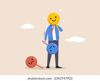 Businessman holding mask on his face to express emotion. Feeling, fake feeling, Facial Grimaces, editable emotion of human. Concept of face expression, modern flat vector illustration