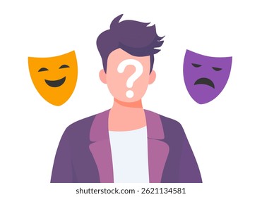 Businessman holding masks different happy and sad imposter syndrome Bipolar disorder fake faces and emotions. psychology false behavior or deceiver.vector