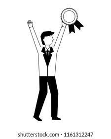 businessman holding medal award rosette success