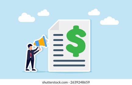 Businessman holding megaphone beside paper with dollar symbol illustration of financial education and awareness about proper business money management