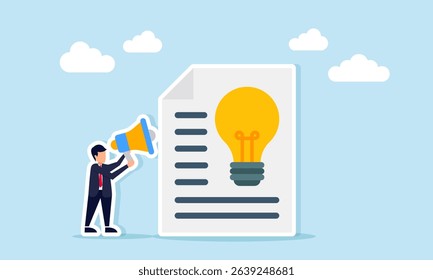 Businessman holding megaphone beside paper with light bulb symbol illustration of education related to business idea inspiration