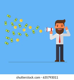 businessman holding a megaphone with dollar notes and gold coins coming out of it