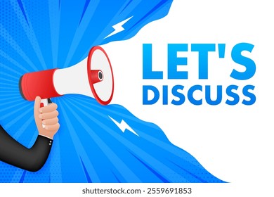 Businessman holding megaphone with let's discuss announcement on blue comic style background