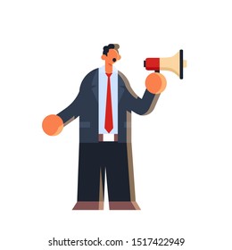 businessman holding megaphone loudspeaker business man standing with bullhorn making announcement communication concept male office worker in formal wear flat full length