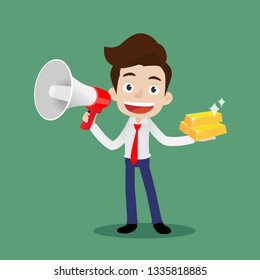 Businessman holding a megaphone and showing gold bar, Cartoon vector illustration