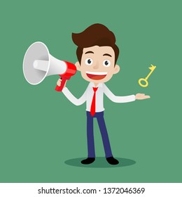 Businessman holding a megaphone and showing key of success, Cartoon vector illustration