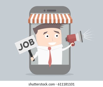 businessman holding megaphone and small sign with Job text, eps10 vector illustration