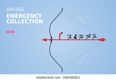 Businessman holding a megaphone standing on a bow and arrow ready to shout