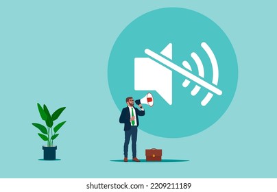 Businessman holding a megaphone standing on a mute icon. Inequality discrimination. Don't let cry out blocking freedom of speech.  Flat vector illustration.