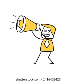 businessman holding megaphone yellow stick figure