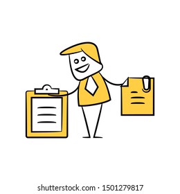 Businessman Holding Memo And Clipboard Yellow Stick Figure Design