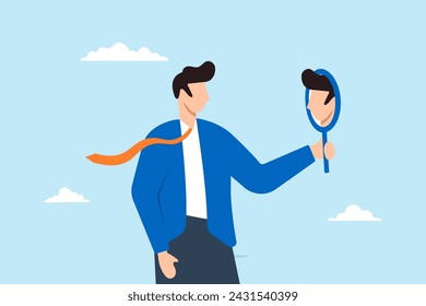 Businessman holding up mirror to develop self awareness. Concept of being aware of different aspects of oneself including behaviors and feelings, fostering introspection and personal growth.