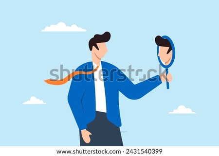 Businessman holding up mirror to develop self awareness. Concept of being aware of different aspects of oneself including behaviors and feelings, fostering introspection and personal growth.