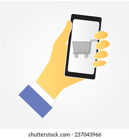 Businessman Holding Mobile With Online Shopping Application On A Screen