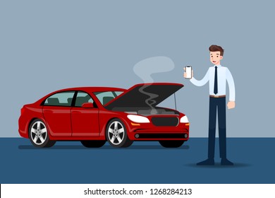 Businessman holding a mobile phone and call for insurance when his car was broken.