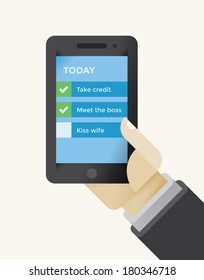 Businessman holding mobile phone with To Do List: Take credit, meet boss, kiss wife.