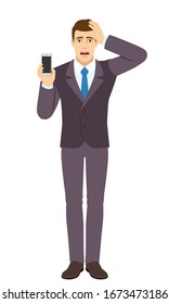 Businessman holding mobile phone and grabbed his head. Full length portrait of Businessman in a flat style. Vector illustration.