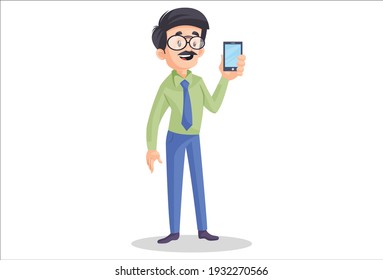 Businessman is holding a mobile phone in hand. Vector graphic illustration. Individually on a white background.